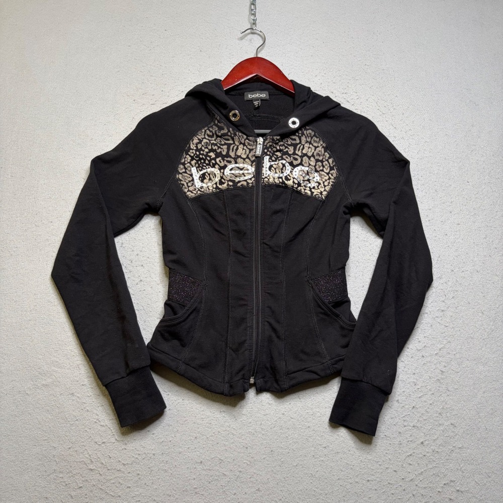 Bebe Hoodie Womens XS Black Leopard Rhinestone Logo Y2K Zip Up Corset Jacket